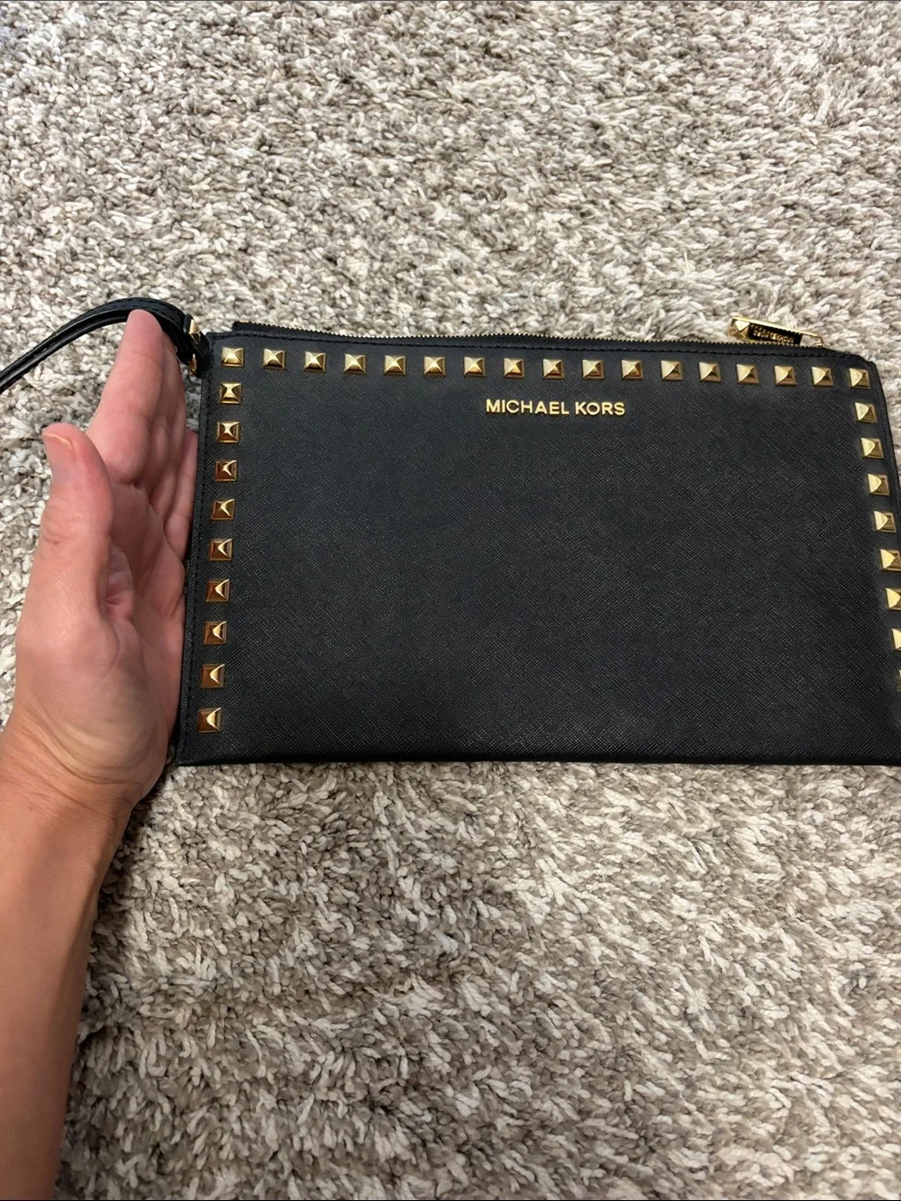Michael Kors Black Leather Gold-Stud Wristlet Clutch